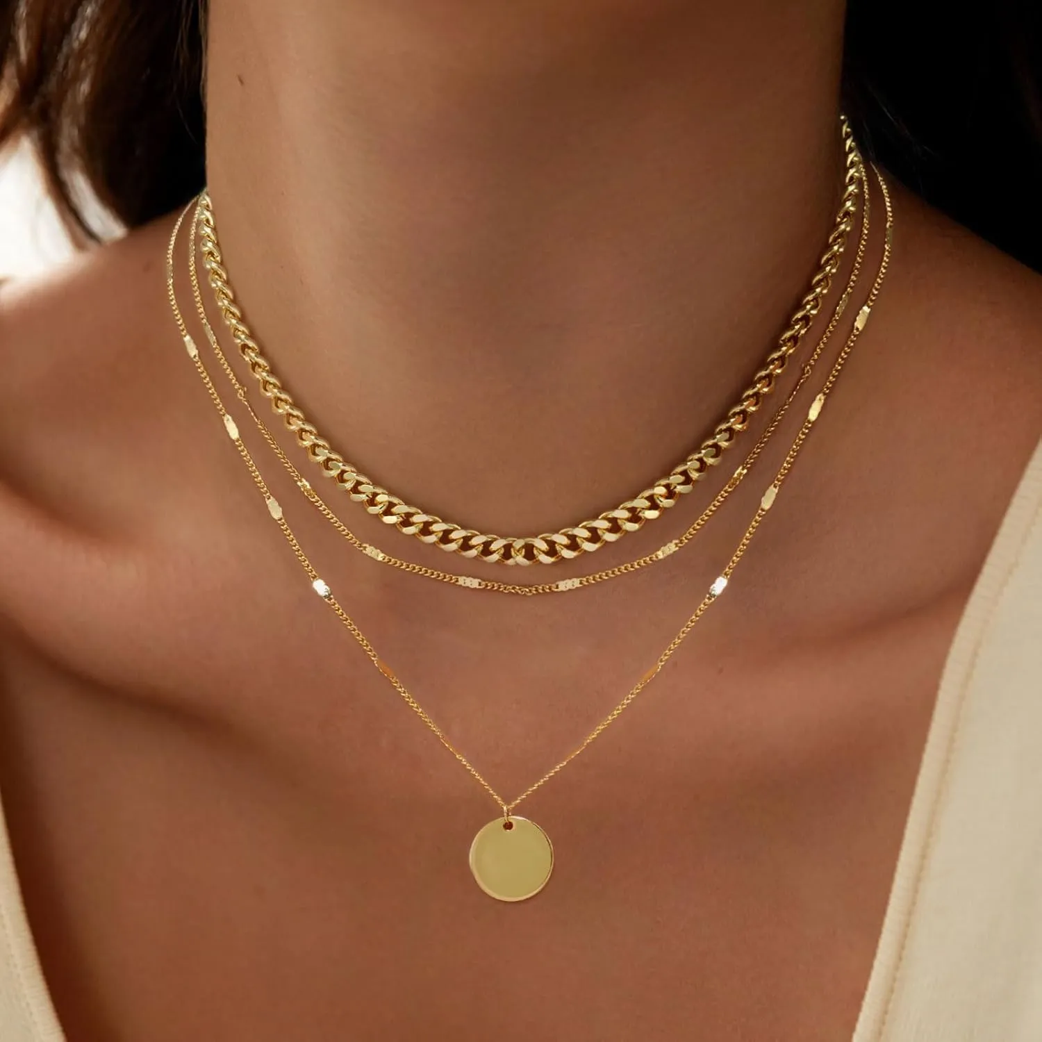 Layered Choker Necklaces, 14k Gold Plated/Sterling Silver Stackable Circle Pendant Chain Necklace Set