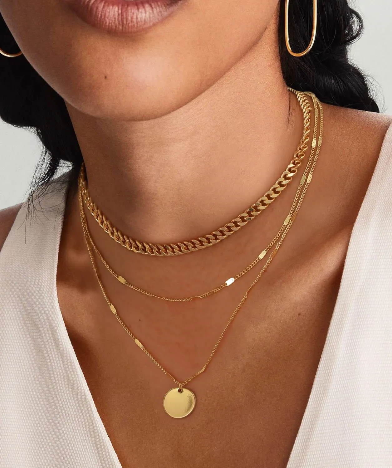 Layered Choker Necklaces, 14k Gold Plated/Sterling Silver Stackable Circle Pendant Chain Necklace Set