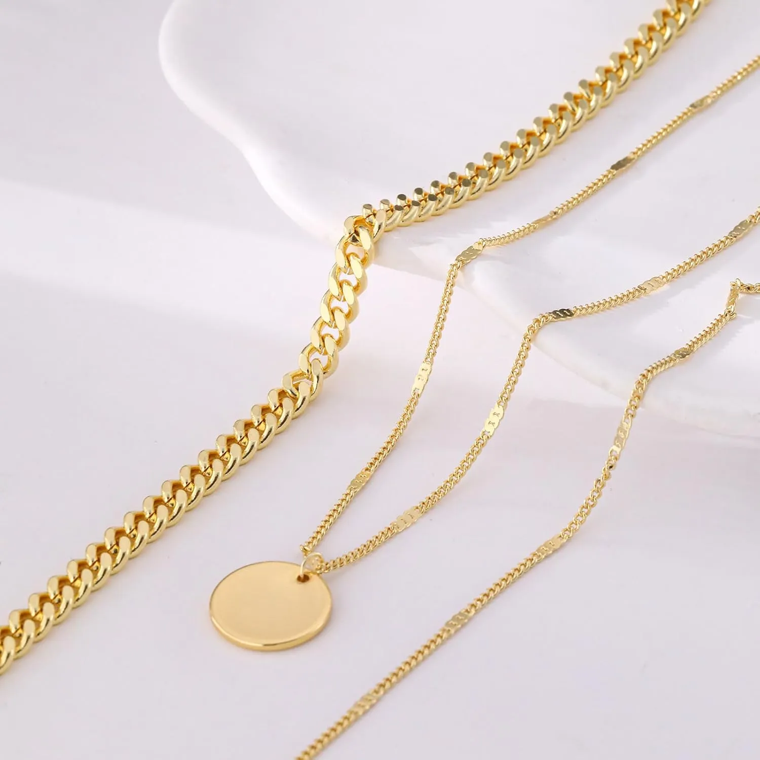 Layered Choker Necklaces, 14k Gold Plated/Sterling Silver Stackable Circle Pendant Chain Necklace Set
