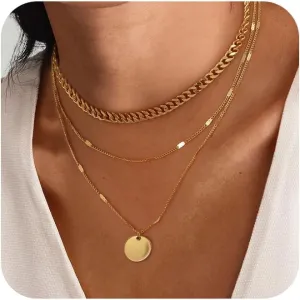 Layered Choker Necklaces, 14k Gold Plated/Sterling Silver Stackable Circle Pendant Chain Necklace Set