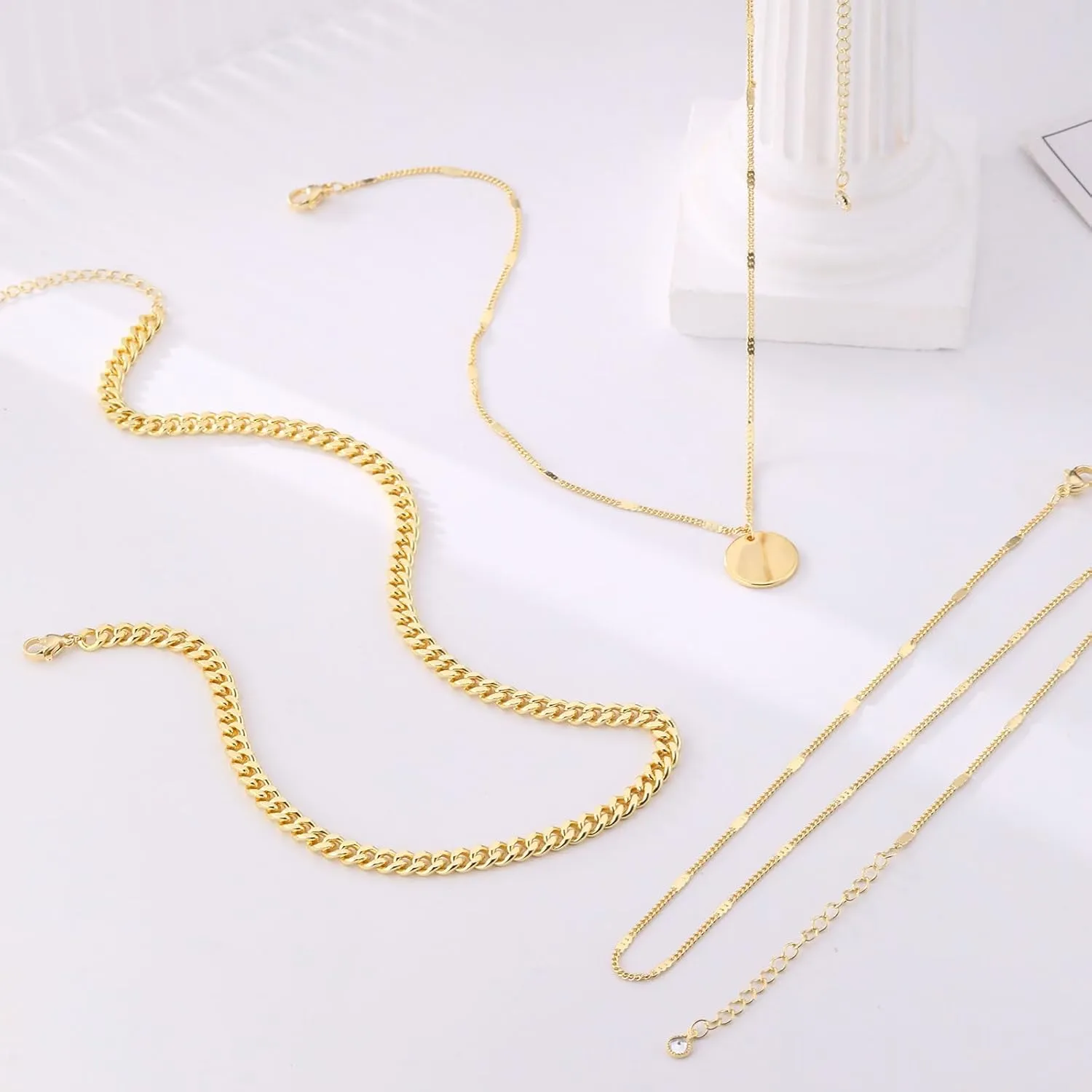 Layered Choker Necklaces, 14k Gold Plated/Sterling Silver Stackable Circle Pendant Chain Necklace Set
