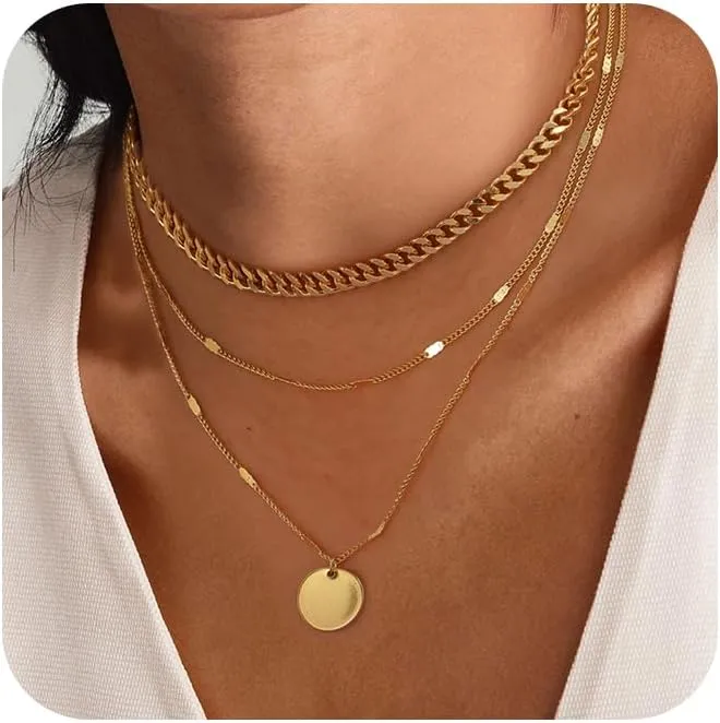 Layered Choker Necklaces, 14k Gold Plated/Sterling Silver Stackable Circle Pendant Chain Necklace Set
