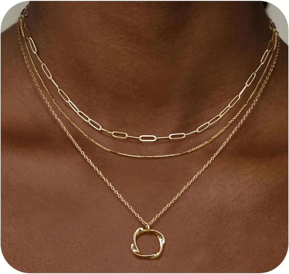 Layered Gold Necklace for Women, 14k Gold Plated Stackable Dainty Gold Necklace, Layering Pendant Chain Choker Necklaces Trendy Jewelry Set Gift for Women