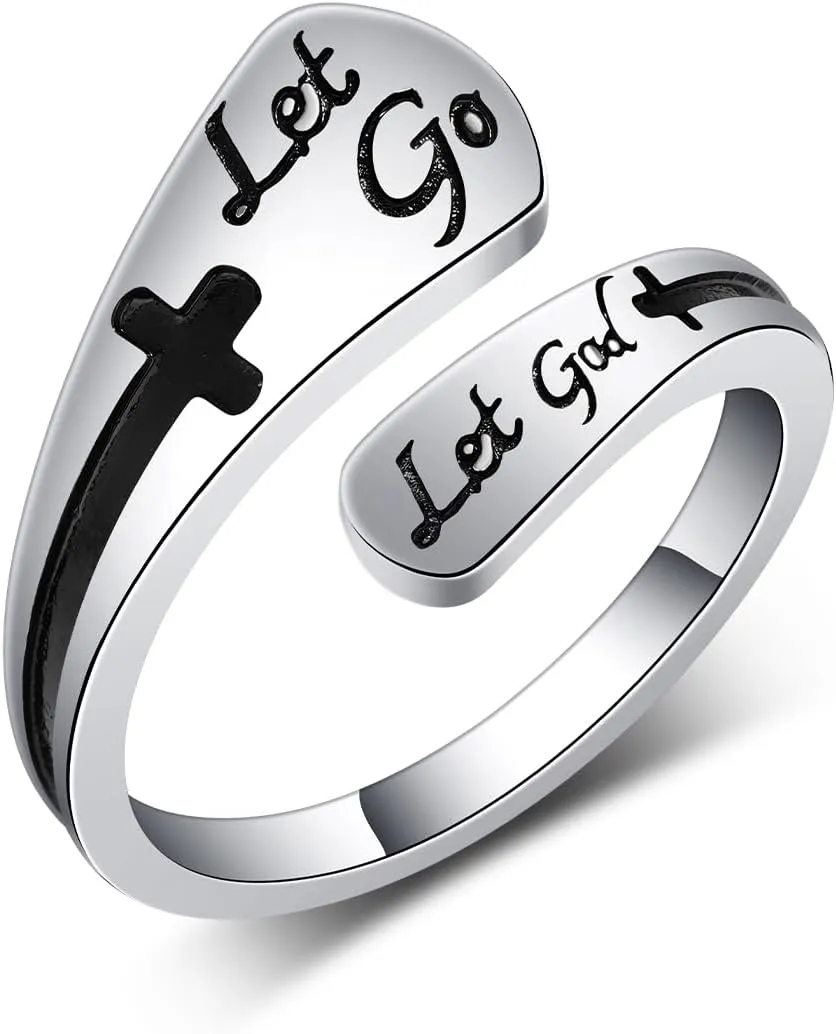 Let Go and Let God Ring 925 Sterling Silver Cross Spoon Ring Faith Purity Inspirational Jewelry Gifts for Women