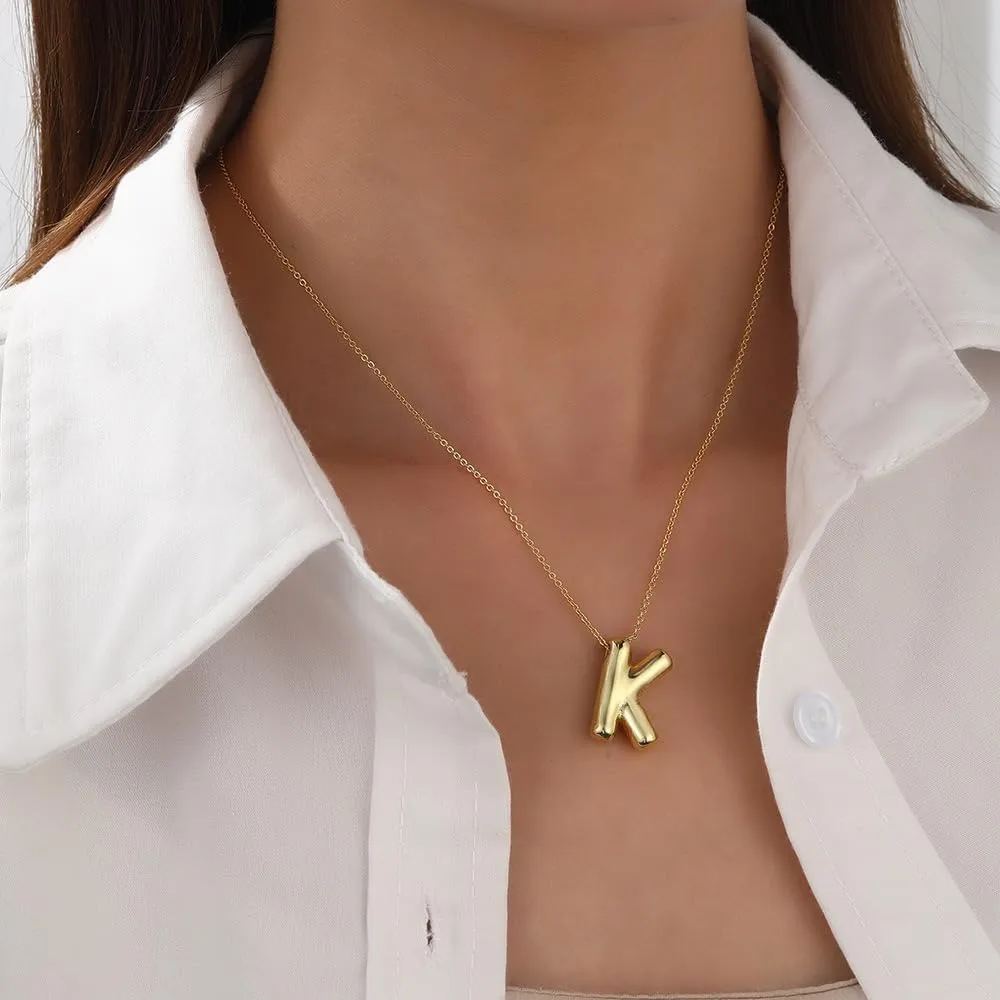 Letter Necklace Bubble Initial Pendant Necklaces for Women Cute Alphabet 14K Gold Plated Design Balloon Puffy Name Personalized Teen Jewelry