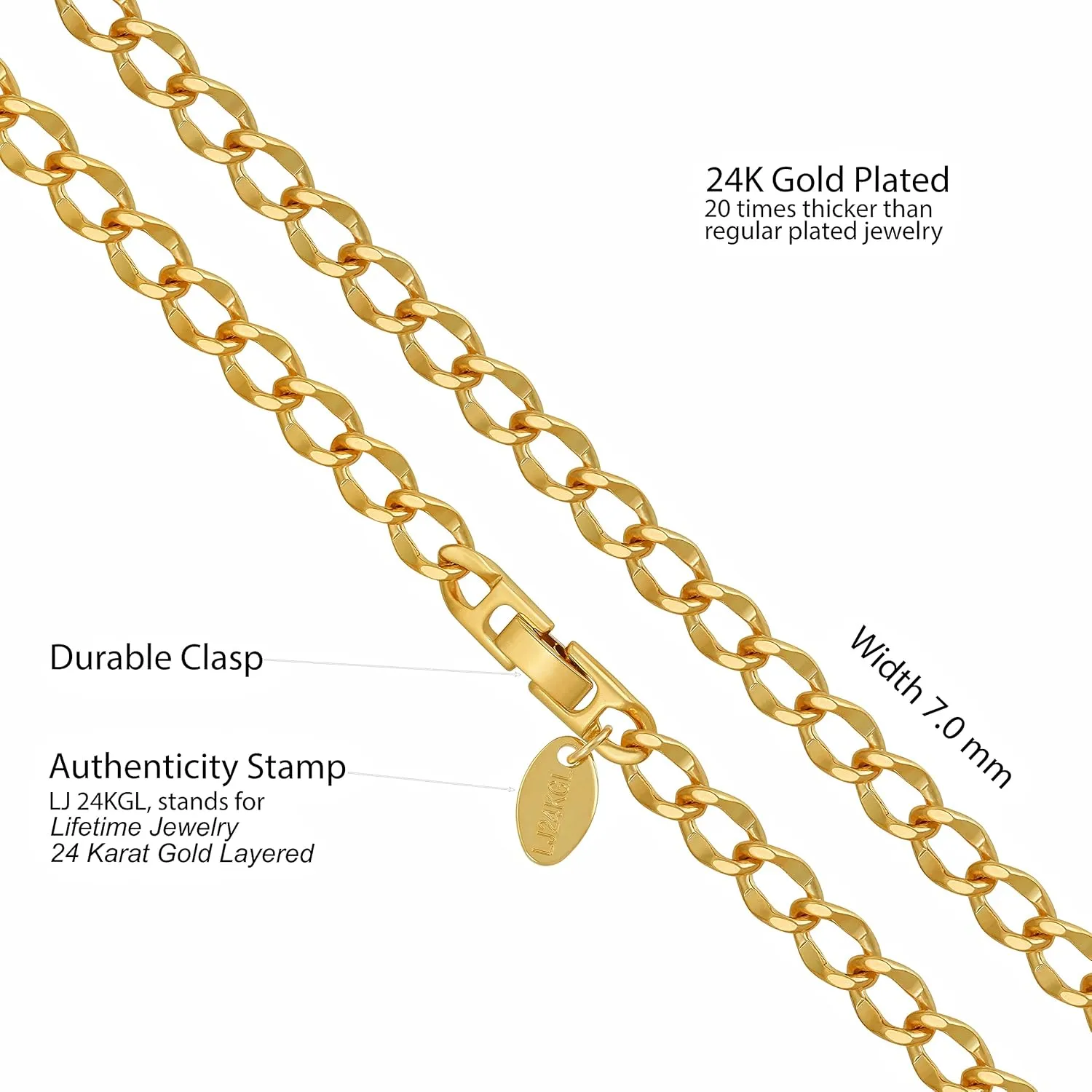 LIFETIME JEWELRY Diamond Cut Curb Link Chain Necklaces for Men & Women 24k Gold Plated (4mm 5.5mm 7mm)