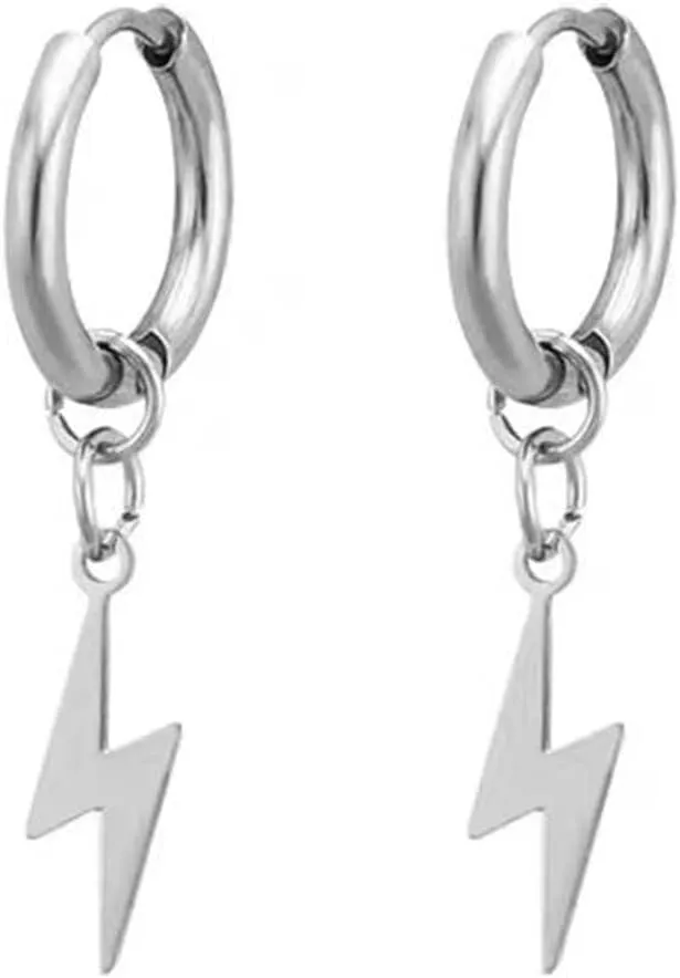 Lightning Bolt Small Huggie Hoop Earrings Stainless Steel Punk Personalized Black Flash Thunder Dangle Drop Earrings for Unisex Men Women Minimalist Goth Hip Hop 80s Party Fashion Jewelry Gifts
