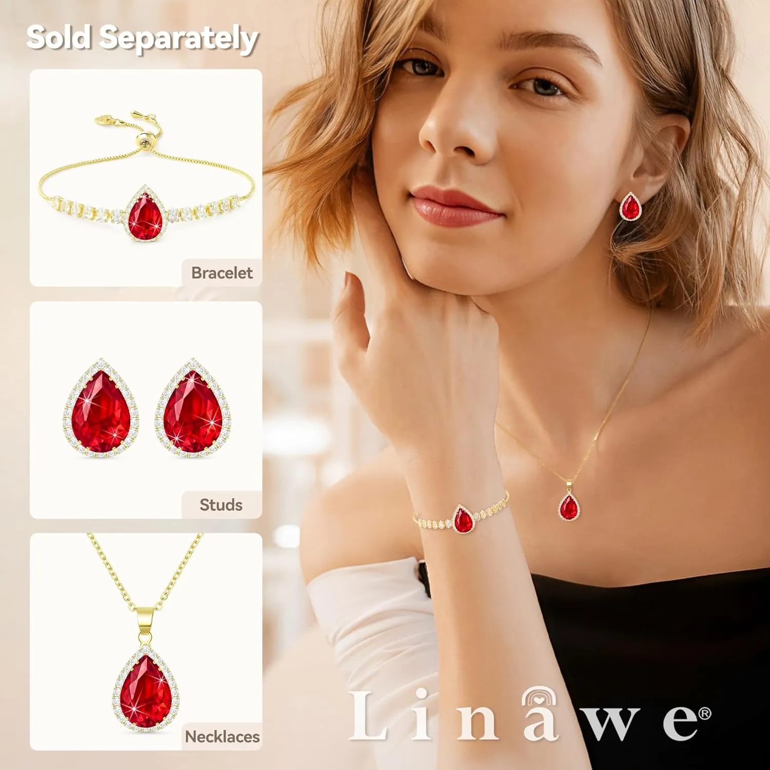 Linawe Crystal Imitation Diamond Rhinestone Charm Bracelets for Women, Gold/Silver/Rose Gold Adjustable Chain Bracelet, Teardrop Birthstone Cubic Zirconia Prom Costume Wedding Jewelry