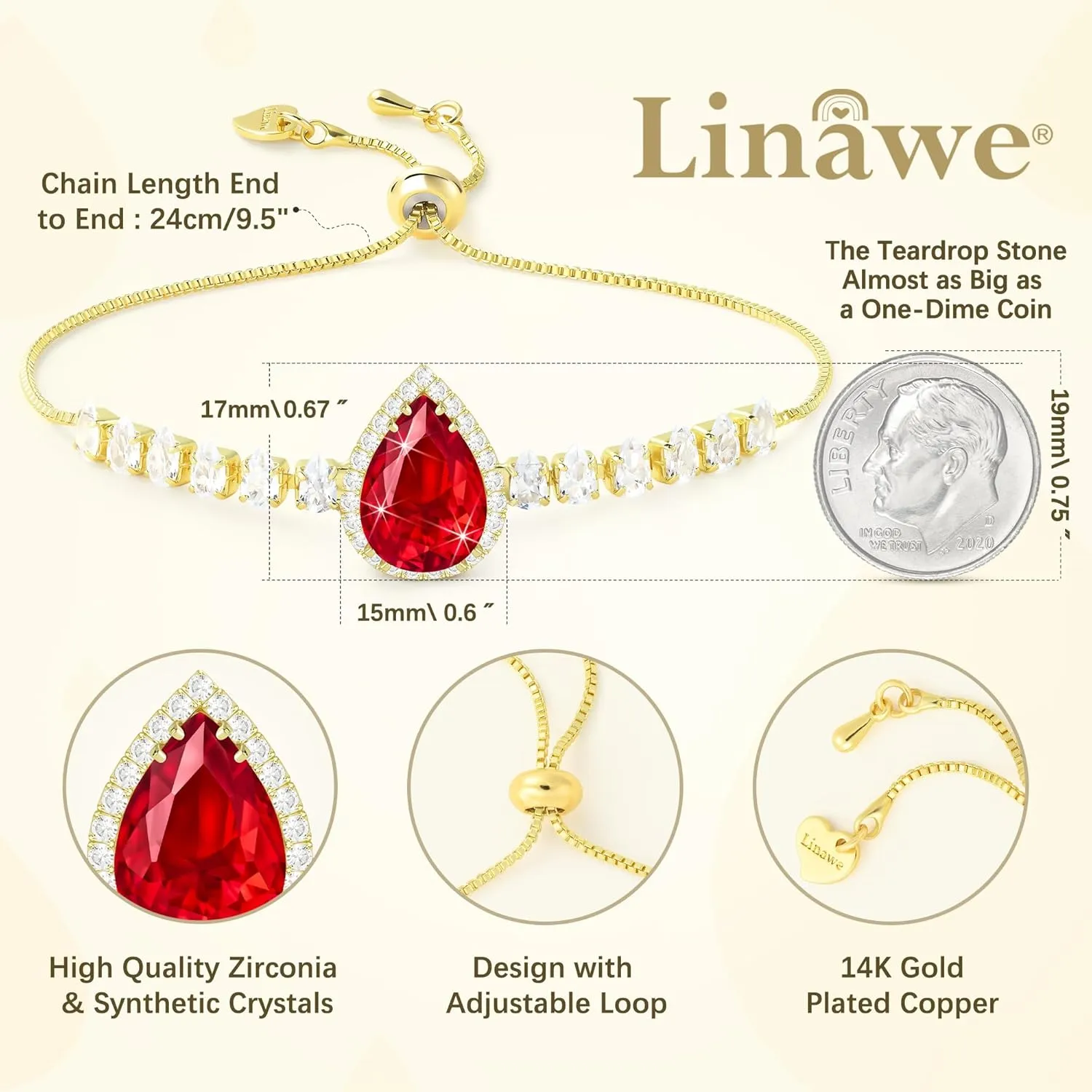 Linawe Crystal Imitation Diamond Rhinestone Charm Bracelets for Women, Gold/Silver/Rose Gold Adjustable Chain Bracelet, Teardrop Birthstone Cubic Zirconia Prom Costume Wedding Jewelry