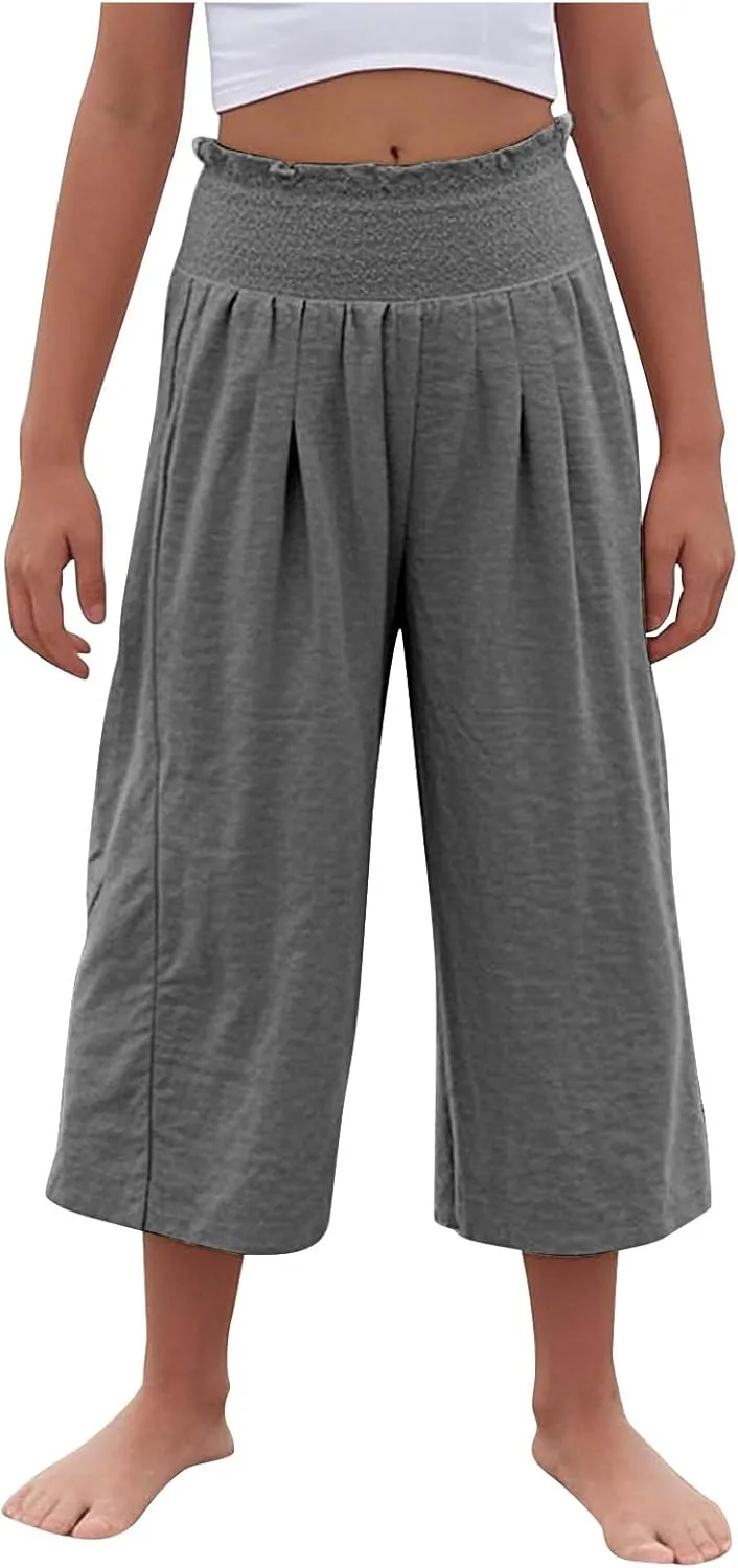 Linen Capris for Girls Summer Casual Palazzo Smocked High Waist Wide Leg Capris Travel Vacation Pants with Pockets