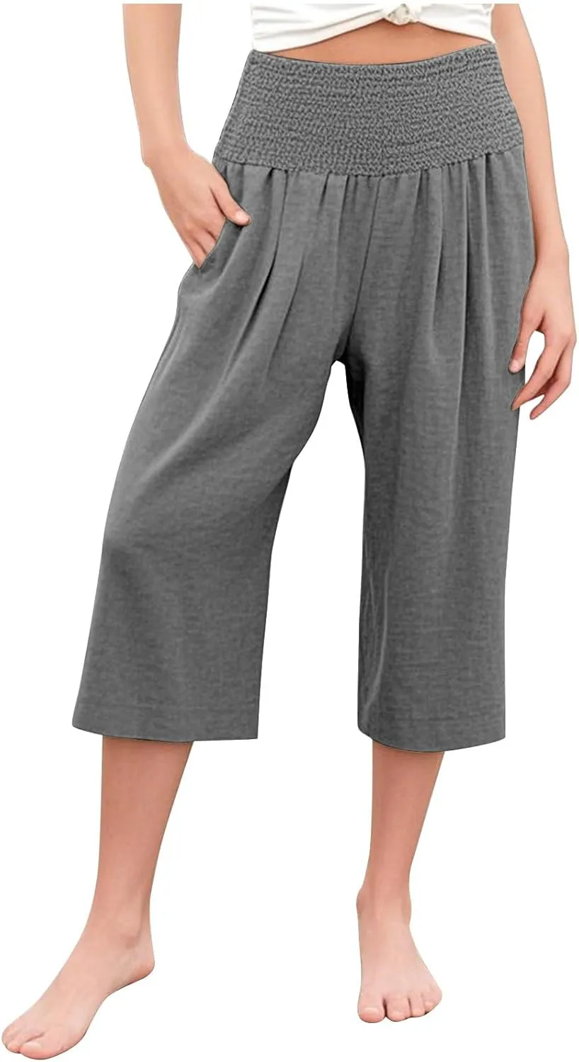 Linen Capris for Girls Summer Casual Palazzo Smocked High Waist Wide Leg Capris Travel Vacation Pants with Pockets