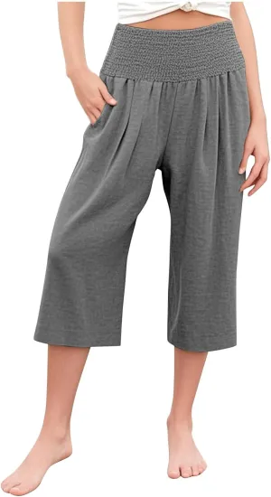 Linen Capris for Girls Summer Casual Palazzo Smocked High Waist Wide Leg Capris Travel Vacation Pants with Pockets
