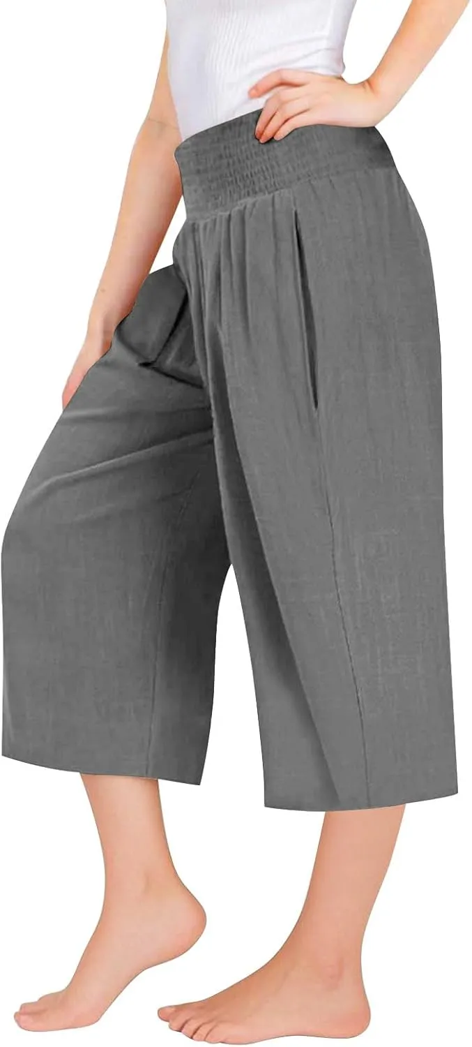 Linen Capris for Girls Summer Casual Palazzo Smocked High Waist Wide Leg Capris Travel Vacation Pants with Pockets