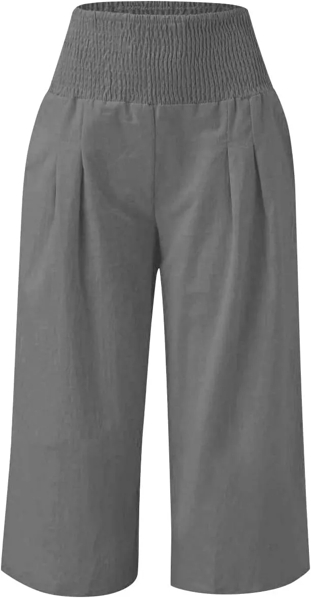 Linen Capris for Girls Summer Casual Palazzo Smocked High Waist Wide Leg Capris Travel Vacation Pants with Pockets