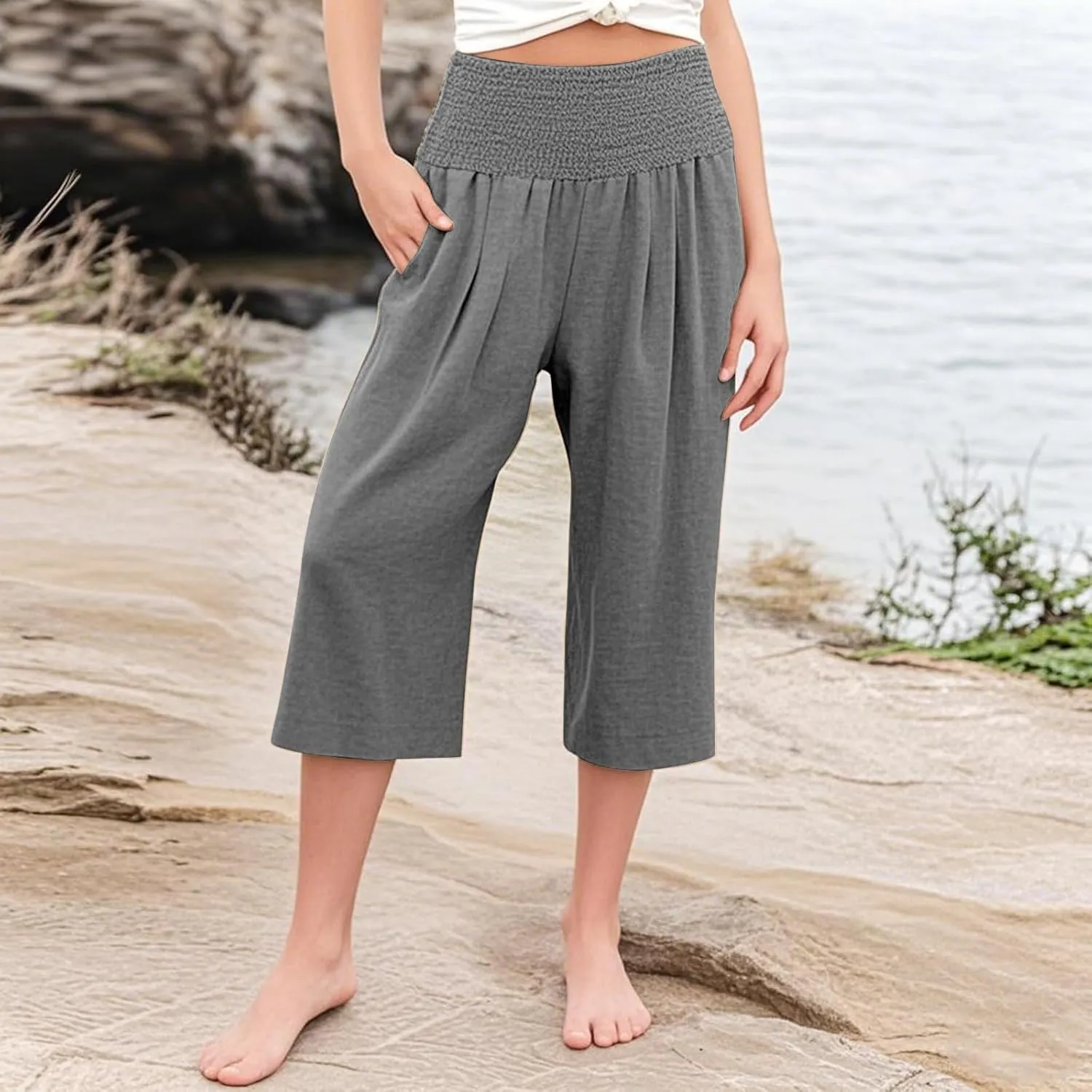Linen Capris for Girls Summer Casual Palazzo Smocked High Waist Wide Leg Capris Travel Vacation Pants with Pockets