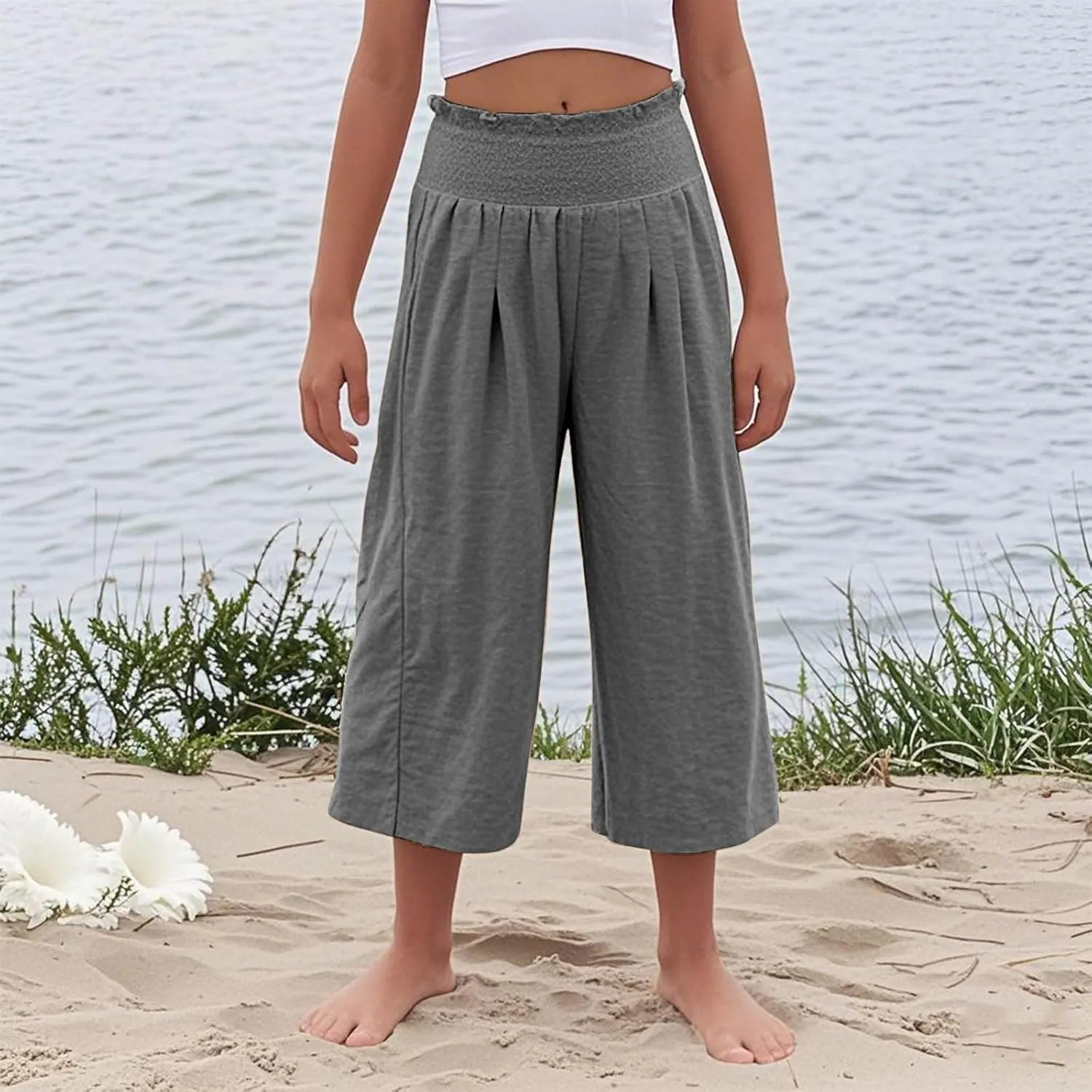 Linen Capris for Girls Summer Casual Palazzo Smocked High Waist Wide Leg Capris Travel Vacation Pants with Pockets