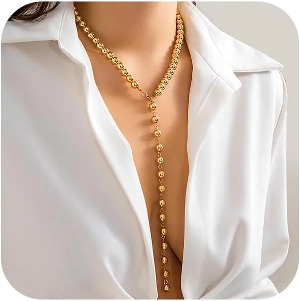 Long Pearl Beaded Lariat Y Necklaces for Women Dainty Gold Round Balls Choker Silver Fake Pearls Statement Necklace Vintage Lariat Jewelry Gifts
