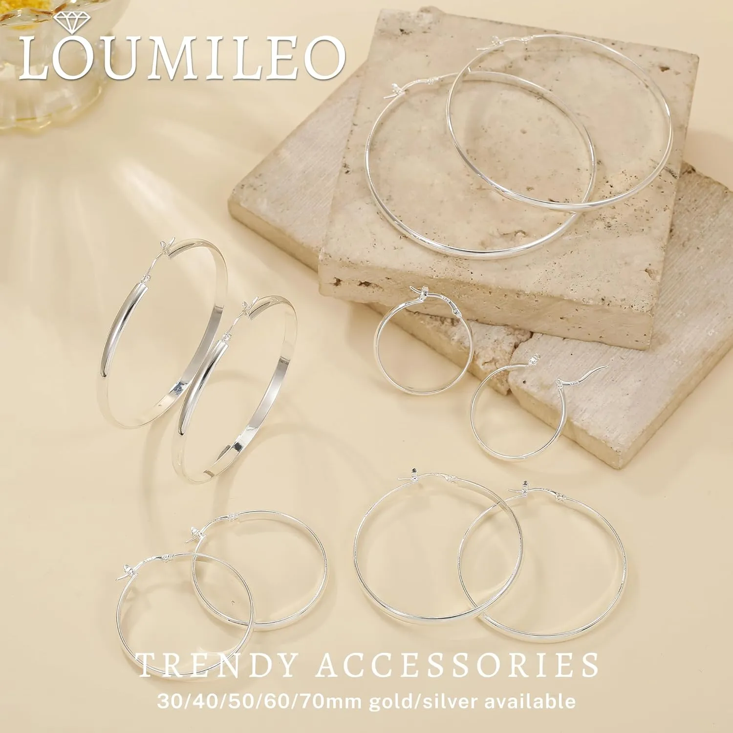 LOUMILEO 4mm Wide Large Silver Hoop Earrings Lightweight 925 Sterling Silver Hoop Earrings for Women Hypoallergenic Big Thin Hoops Earring for Women 30/40/50/60/70MM