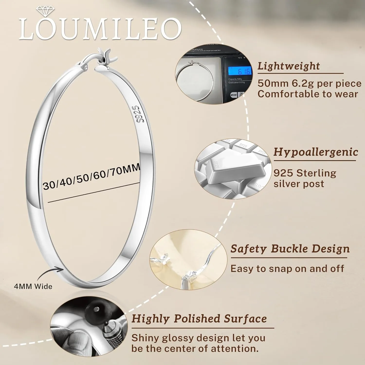 LOUMILEO 4mm Wide Large Silver Hoop Earrings Lightweight 925 Sterling Silver Hoop Earrings for Women Hypoallergenic Big Thin Hoops Earring for Women 30/40/50/60/70MM