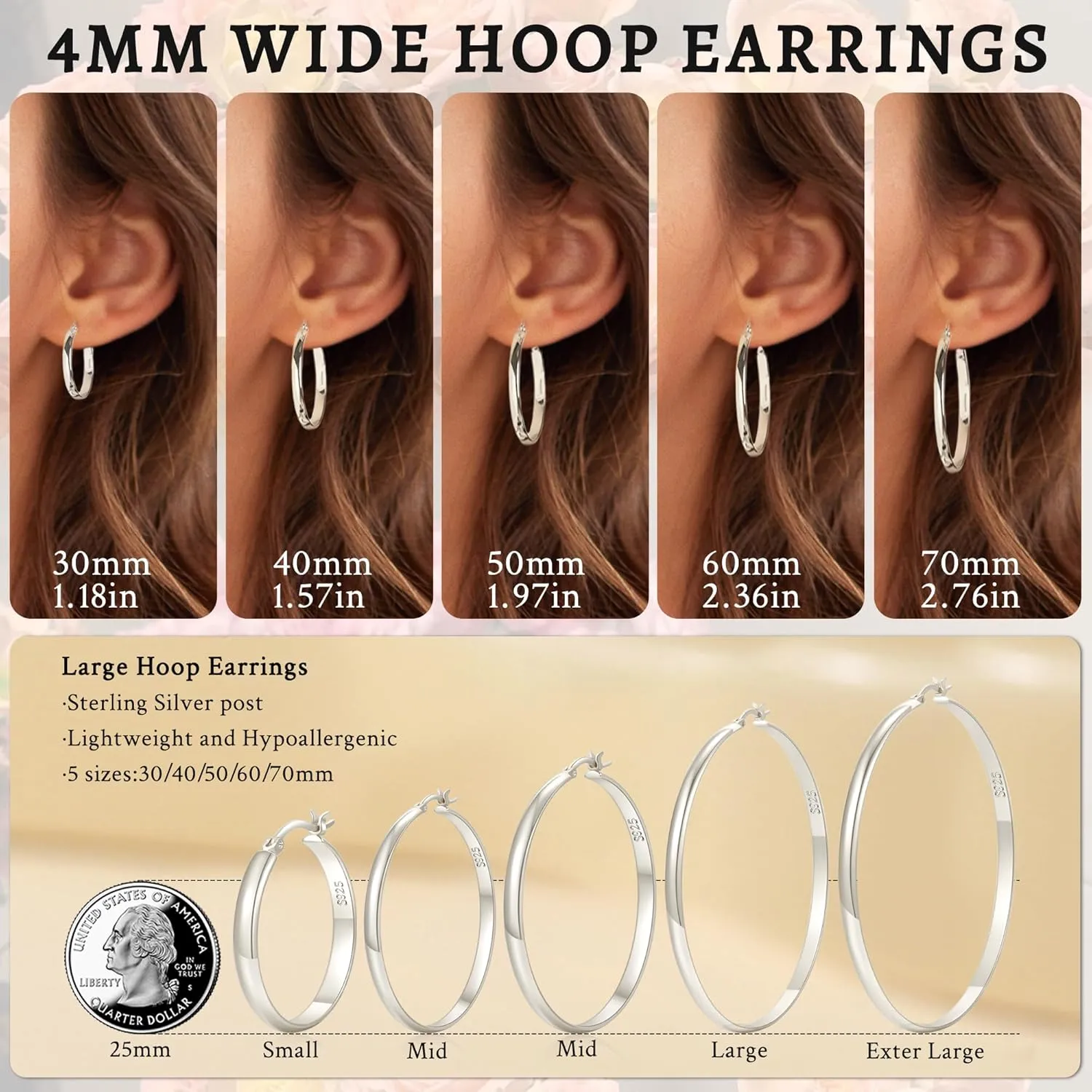 LOUMILEO 4mm Wide Large Silver Hoop Earrings Lightweight 925 Sterling Silver Hoop Earrings for Women Hypoallergenic Big Thin Hoops Earring for Women 30/40/50/60/70MM