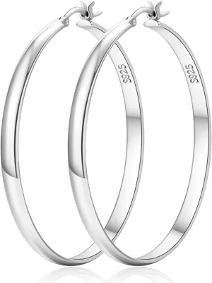 LOUMILEO 4mm Wide Large Silver Hoop Earrings Lightweight 925 Sterling Silver Hoop Earrings for Women Hypoallergenic Big Thin Hoops Earring for Women 30/40/50/60/70MM