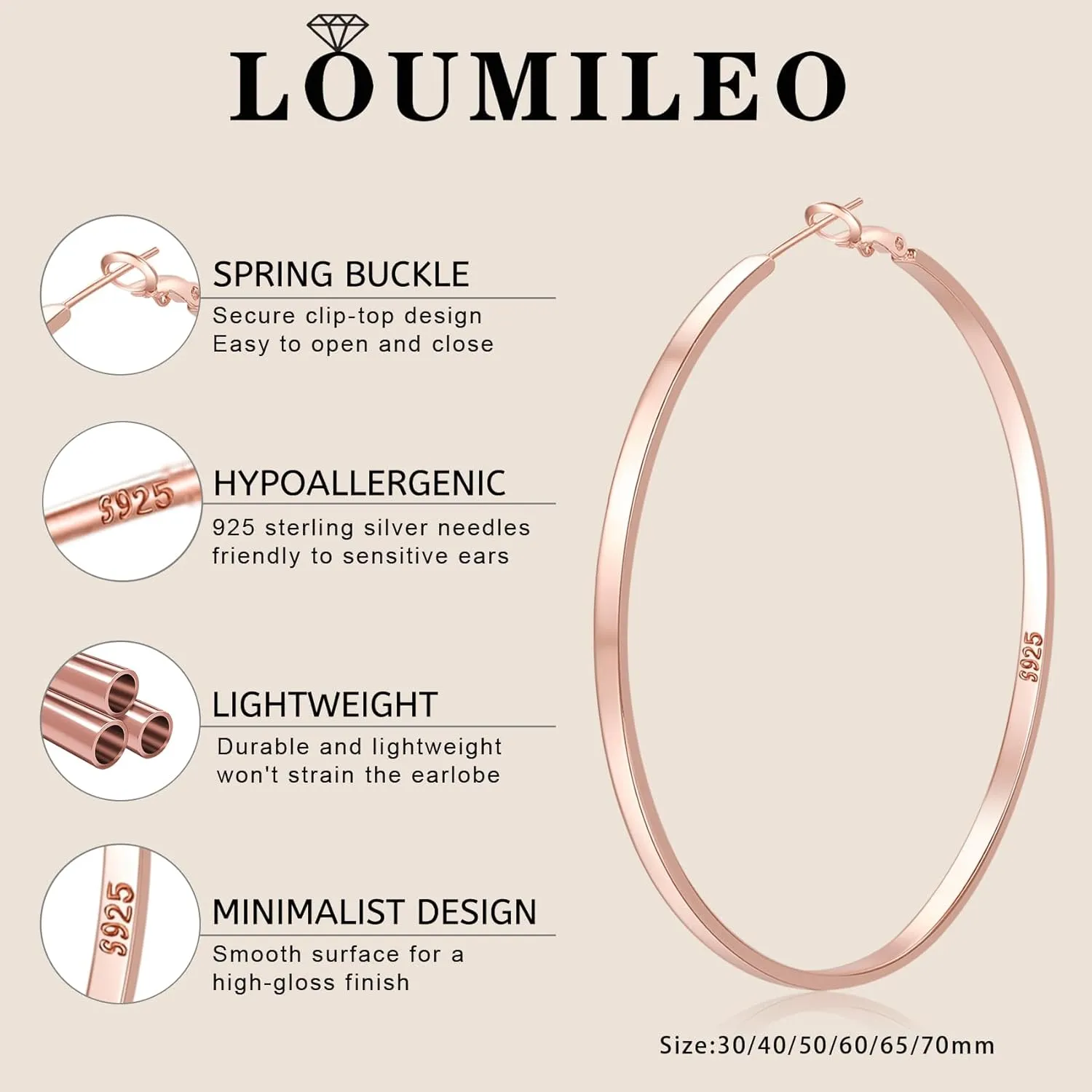 LOUMILEO Sterling Silver Hoop Earrings Large Silver Hoop Earrings for Women Lightweight Big Hoops Earring Hypoallergenic Thin Hoops Earring for Women 30/40/50/60/65/70MM