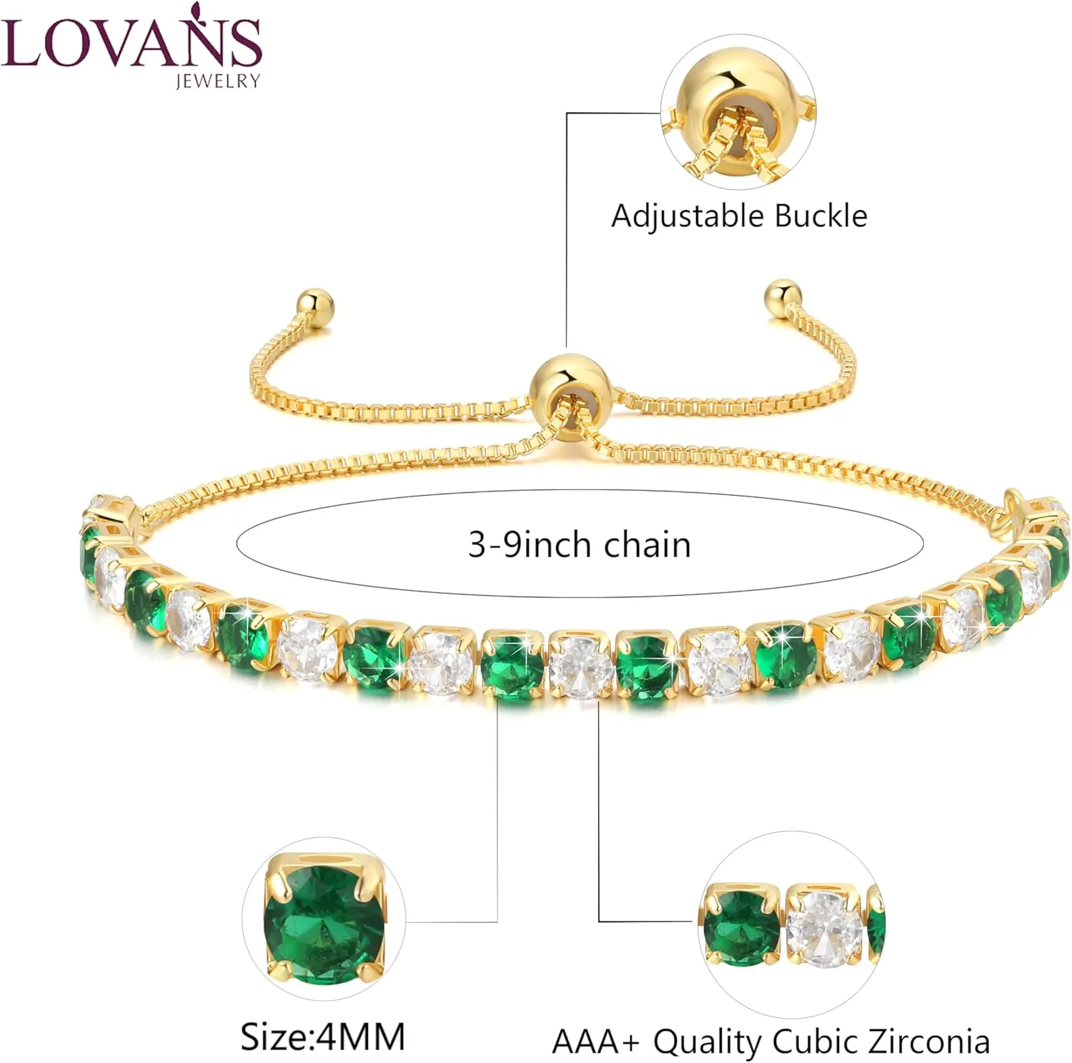 Lovans Tennis Bracelets for Women Cubic Zirconia Bracelet in Silver/Gold/Rose Gold Adjustable Bracelet in Size 3-9inch Fashion Jewelry Gifts