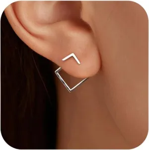 LOVECOM Ear Jacket Earrings 925 Sterling Silver Geometric Stud Earring for Women 14K Gold Plated Minimalist V Jacket Earring Jewellery Birthday Christmas Gifts to Daughter Sister