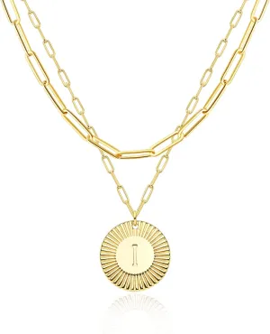 LOYATA Layered Choker Necklace Gold Flower Initial Coin Pendant 2 Layer 14K Gold Plated Dainty Paperclip Chain Personalized Jewelry Gift for Women Letter A-Z