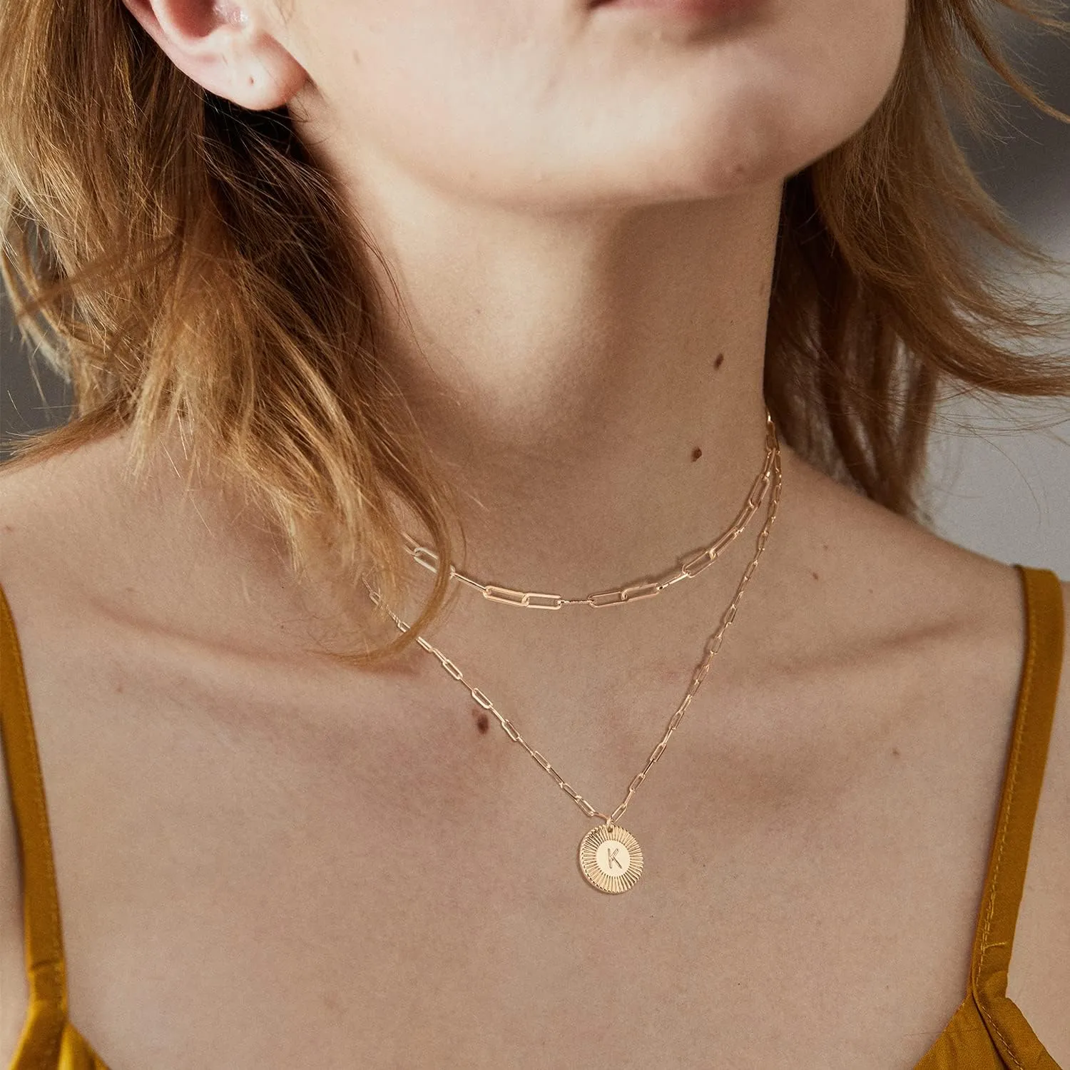 LOYATA Layered Choker Necklace Gold Flower Initial Coin Pendant 2 Layer 14K Gold Plated Dainty Paperclip Chain Personalized Jewelry Gift for Women Letter A-Z