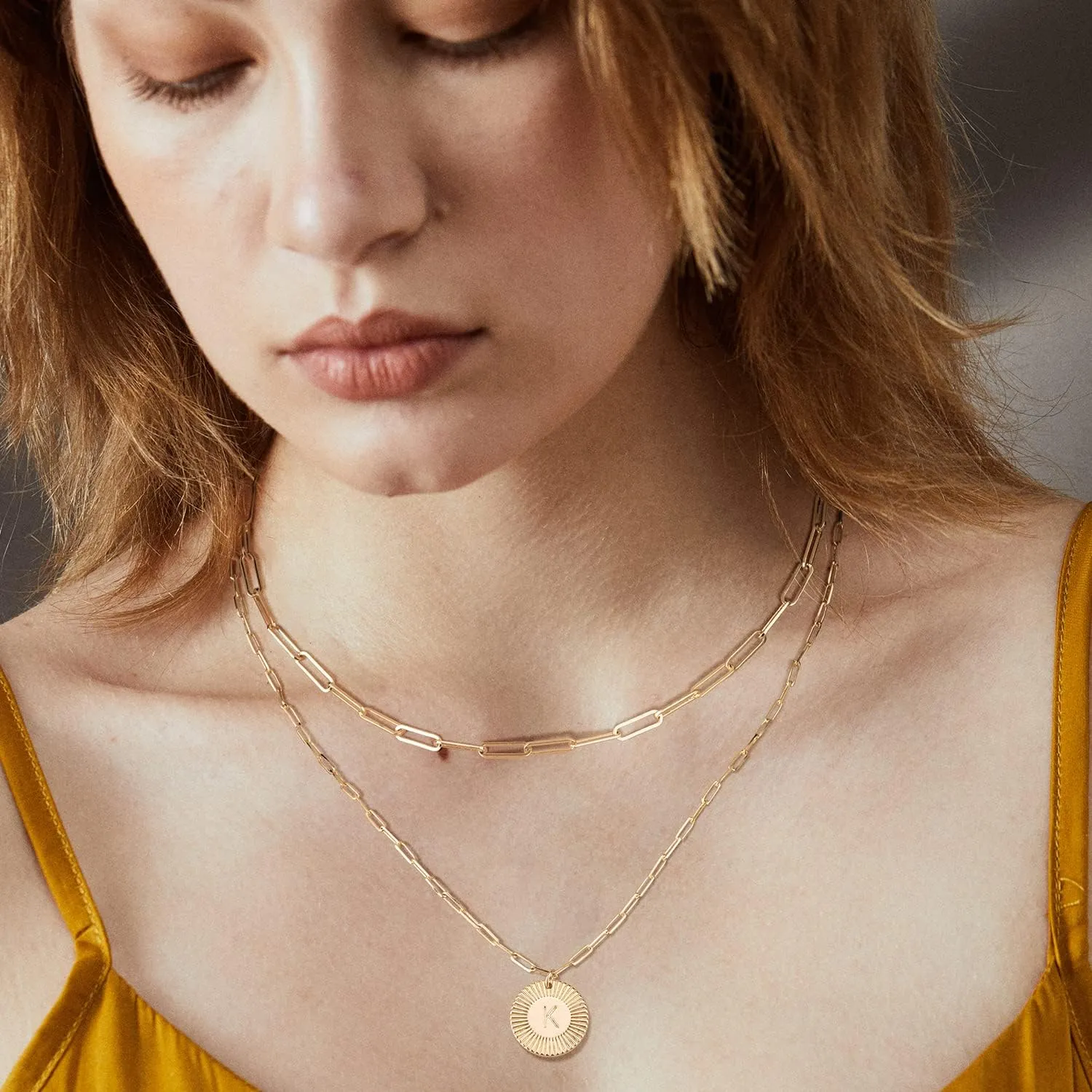 LOYATA Layered Choker Necklace Gold Flower Initial Coin Pendant 2 Layer 14K Gold Plated Dainty Paperclip Chain Personalized Jewelry Gift for Women Letter A-Z