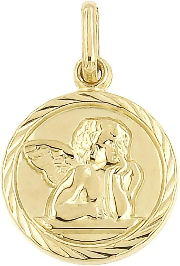 Lucchetta - Small Gold Guardian Angel Coin Charm Pendant, Medal 0.47inch, 14k Italian Religious Gift, Charm for Necklaces (up to 4mm)