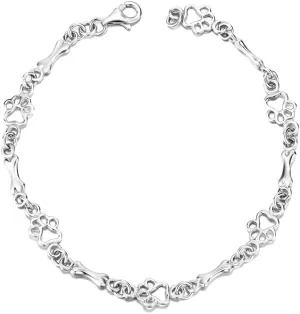 LUHE Paw Print Bracelets Gifts for Women 925 Sterling Silver Cute Dog Cat Bone Paw Bracelet for Girls, 7.5" Christmas Gifts