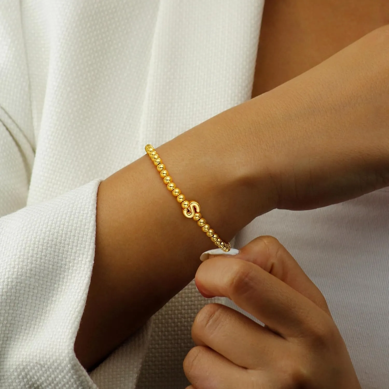M MOOHAM Initial Bracelets for Women - Gold Beaded Bracelets for Women Trendy Gold Plate Cute Tiny Beaded Initial Bracelet Small Dainty Jewelry