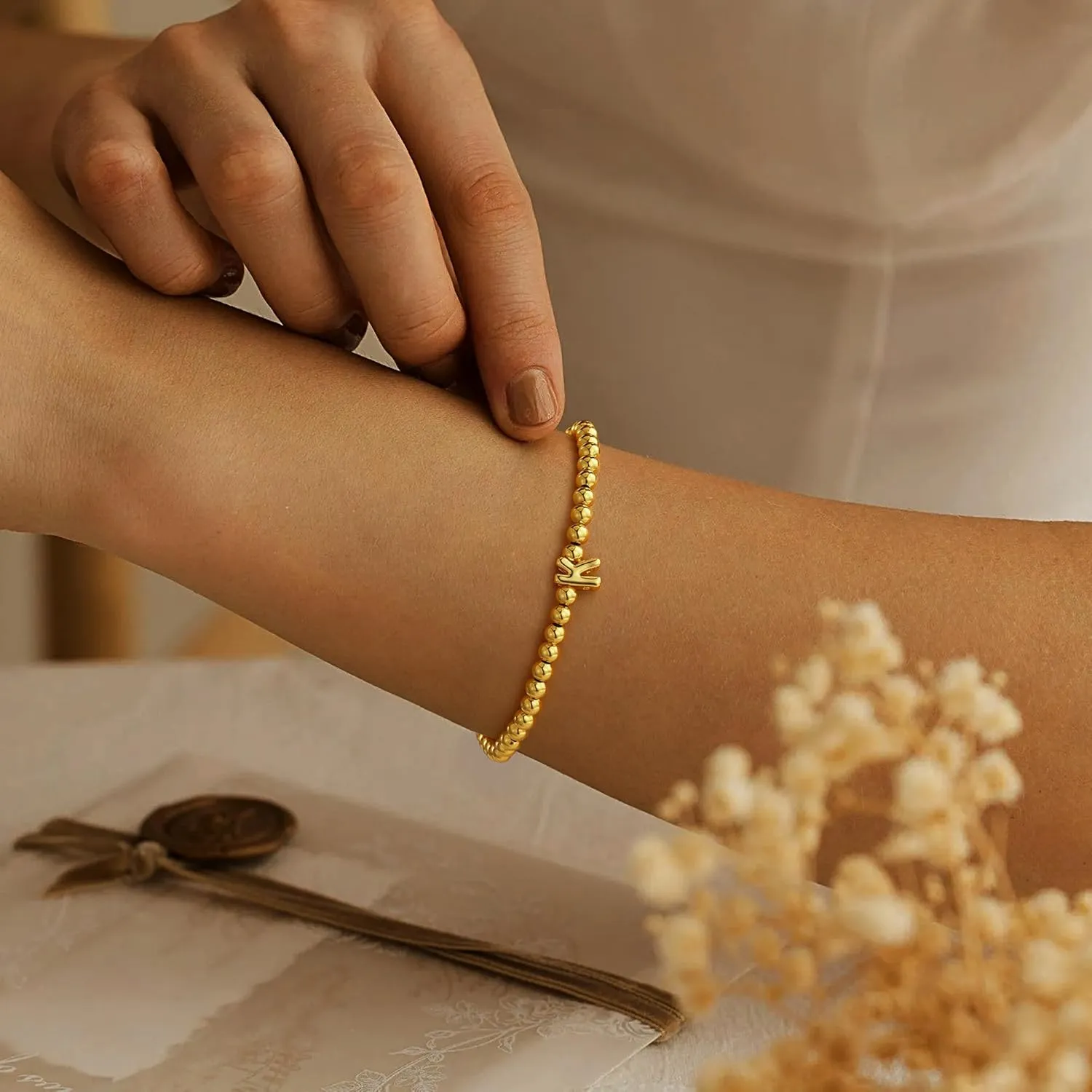 M MOOHAM Initial Bracelets for Women - Gold Beaded Bracelets for Women Trendy Gold Plate Cute Tiny Beaded Initial Bracelet Small Dainty Jewelry