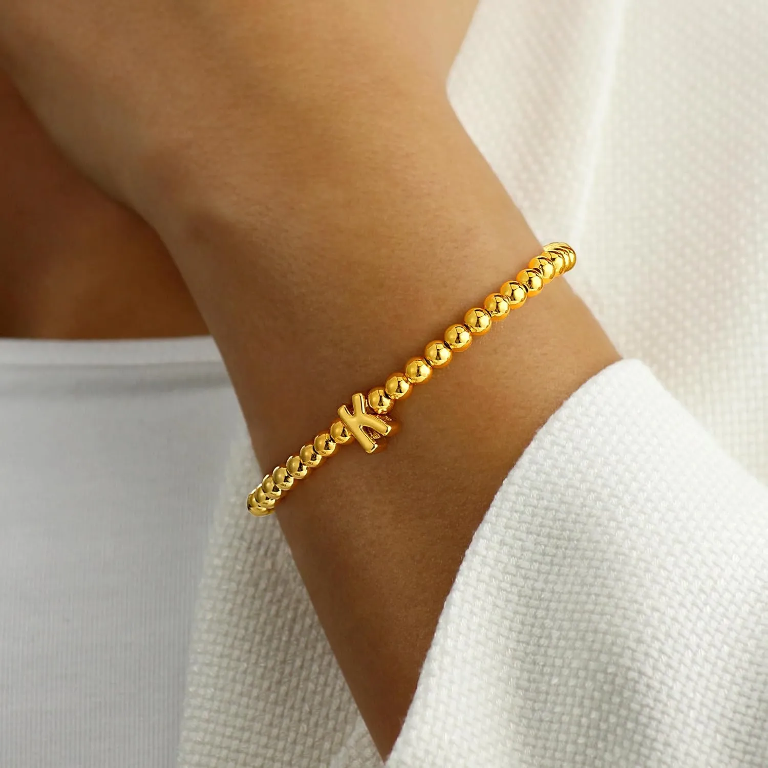 M MOOHAM Initial Bracelets for Women - Gold Beaded Bracelets for Women Trendy Gold Plate Cute Tiny Beaded Initial Bracelet Small Dainty Jewelry