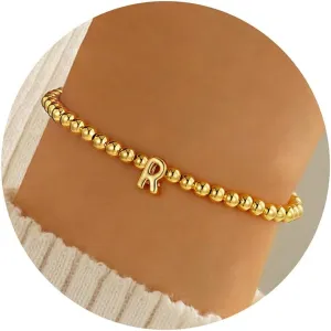 M MOOHAM Initial Bracelets for Women - Gold Beaded Bracelets for Women Trendy Gold Plate Cute Tiny Beaded Initial Bracelet Small Dainty Jewelry
