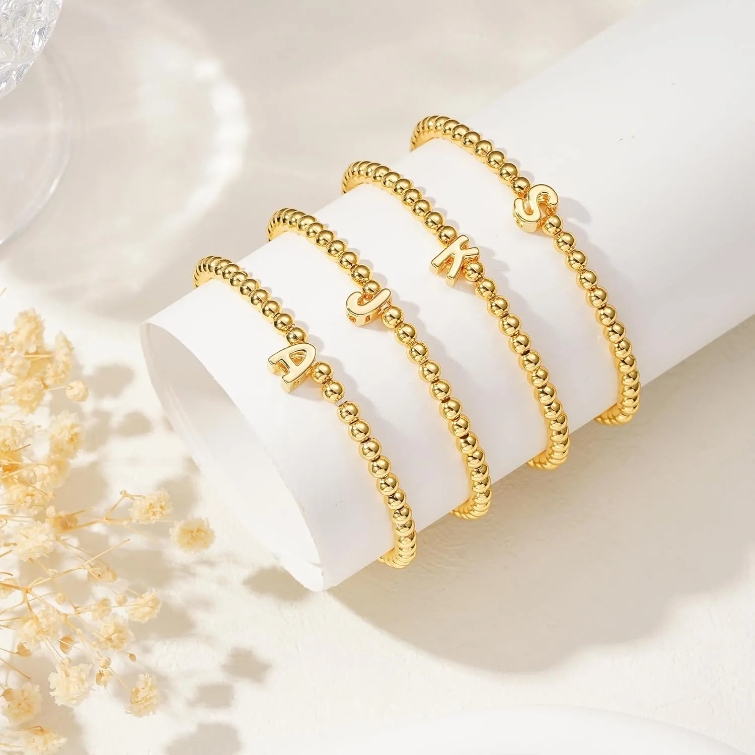 M MOOHAM Initial Bracelets for Women - Gold Beaded Bracelets for Women Trendy Gold Plate Cute Tiny Beaded Initial Bracelet Small Dainty Jewelry