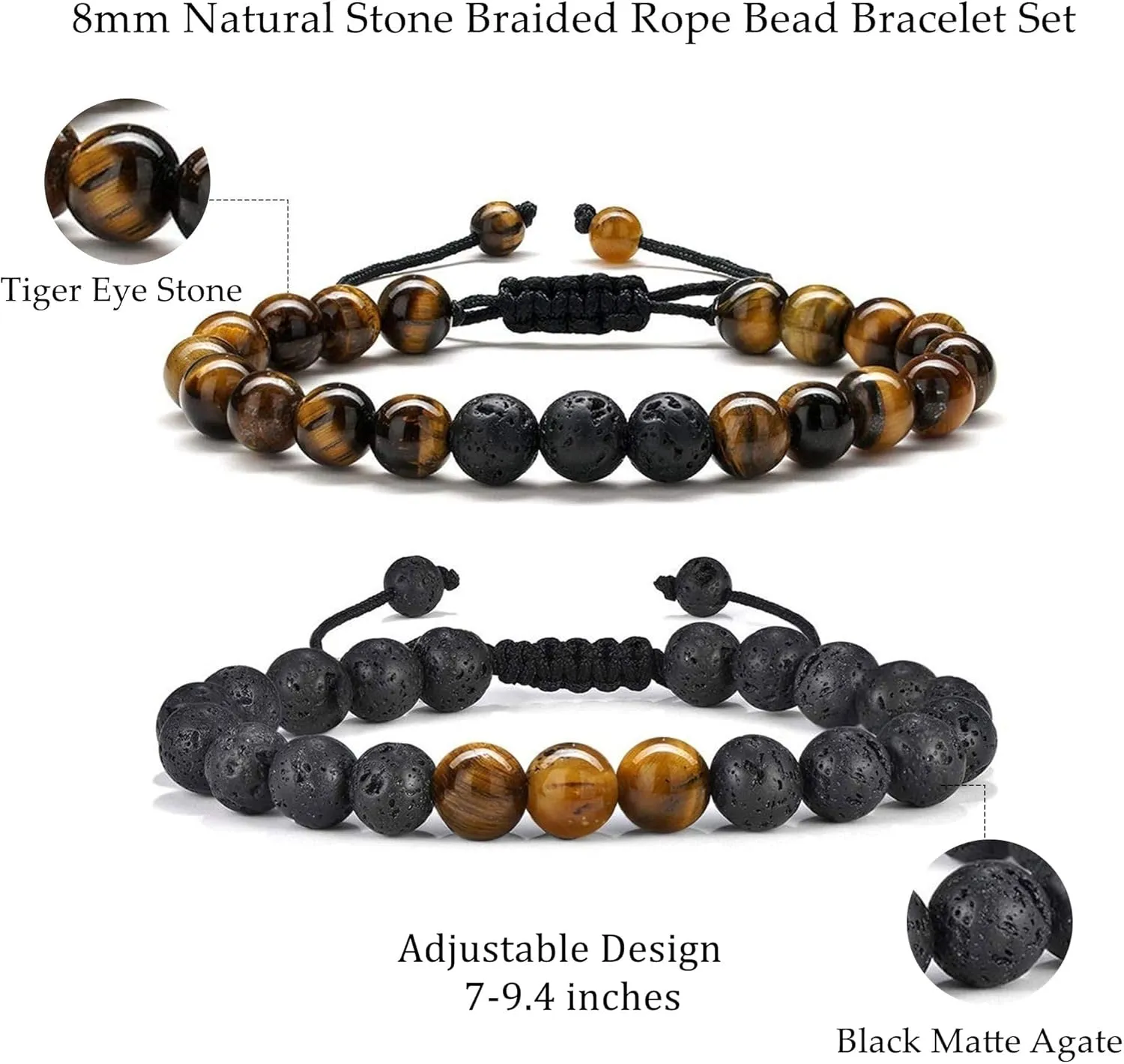 M MOOHAM Natural Stone Bracelets for Men - 8mm Tiger Eye, Matte Agate, Lava Rock - Teen Boys Gifts for Birthday, Anniversary, Christmas