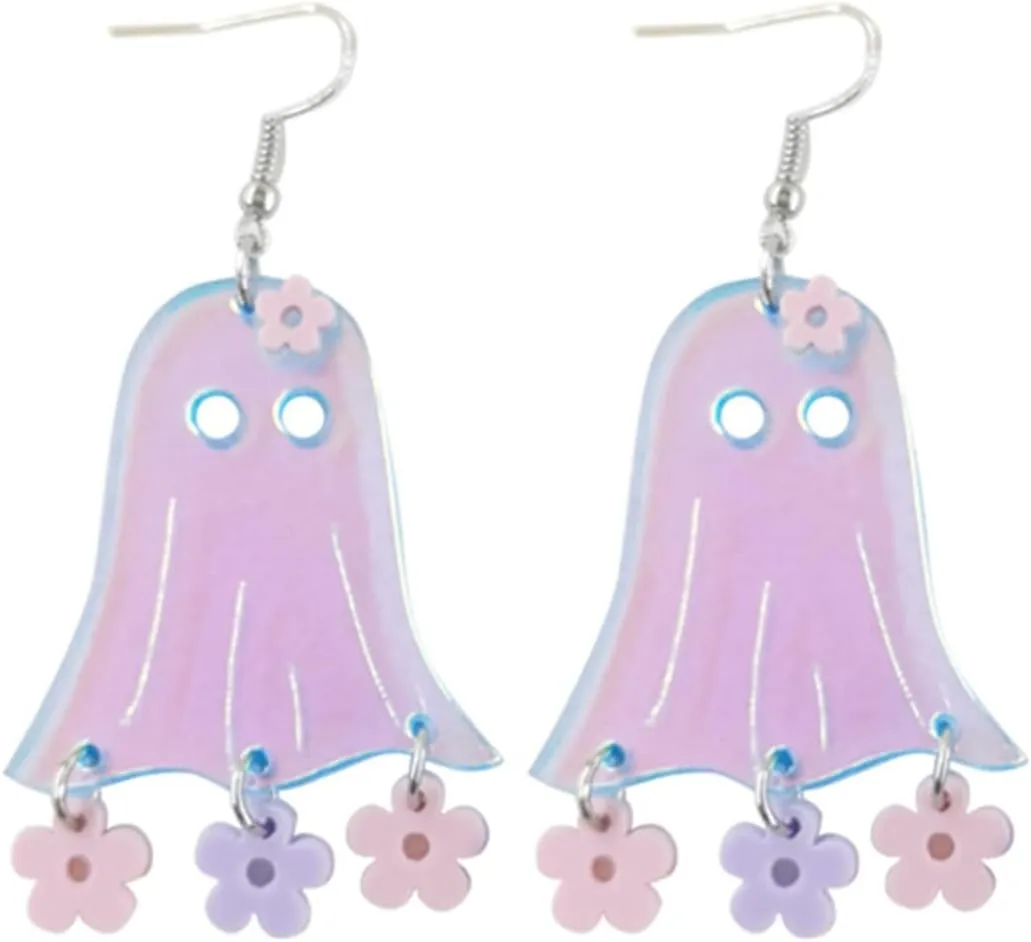 MALOYANVE Heart Ghost Earrings Acrylic Funny Cute Transparent Handmade Pink Heart Specter Lightweight Dangle Drop Earring Halloween Costume Cosplay Party Jewelry for Women