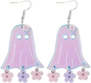 MALOYANVE Heart Ghost Earrings Acrylic Funny Cute Transparent Handmade Pink Heart Specter Lightweight Dangle Drop Earring Halloween Costume Cosplay Party Jewelry for Women