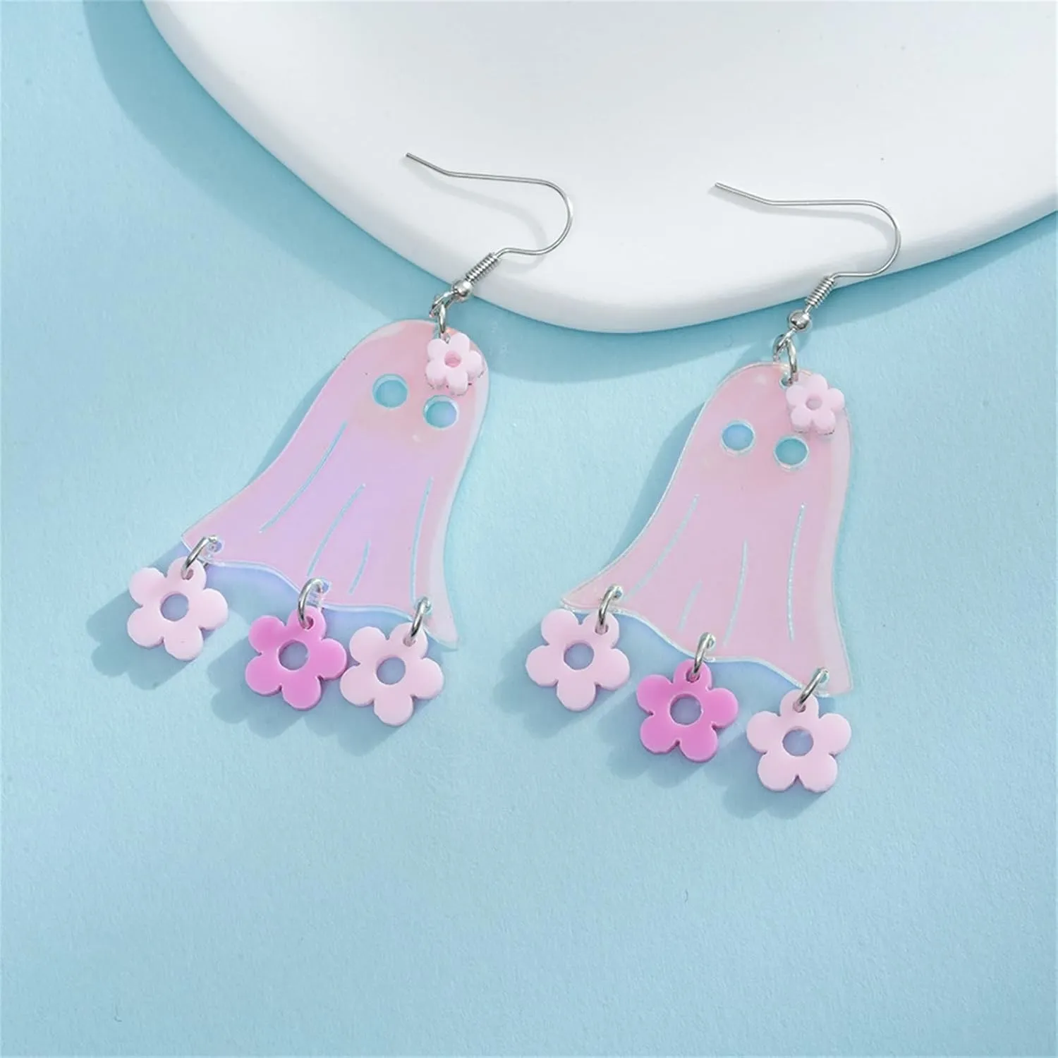 MALOYANVE Heart Ghost Earrings Acrylic Funny Cute Transparent Handmade Pink Heart Specter Lightweight Dangle Drop Earring Halloween Costume Cosplay Party Jewelry for Women