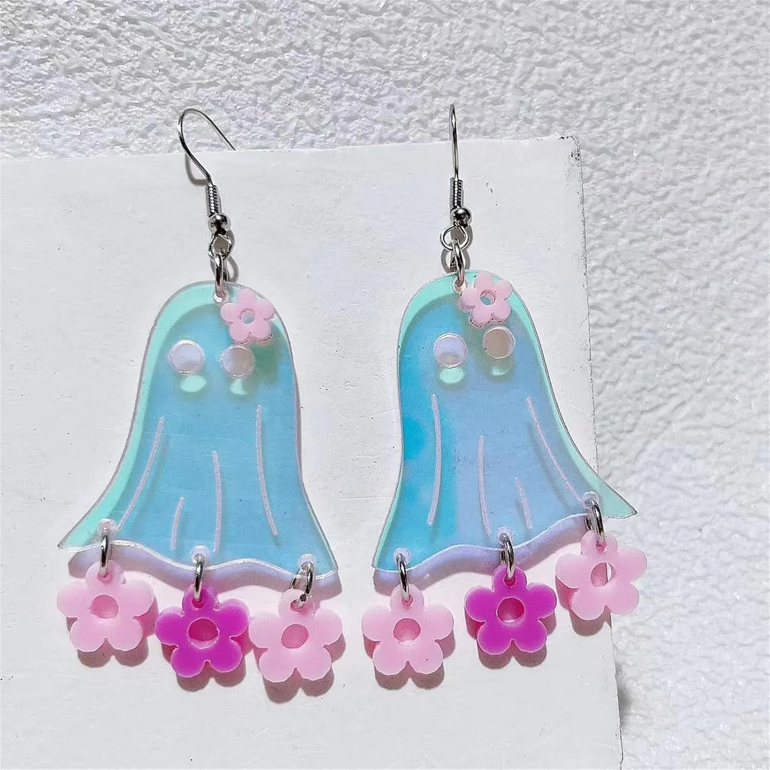 MALOYANVE Heart Ghost Earrings Acrylic Funny Cute Transparent Handmade Pink Heart Specter Lightweight Dangle Drop Earring Halloween Costume Cosplay Party Jewelry for Women