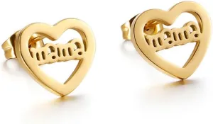 MAMA Heart Stud Earrings for Women Girls Stainless Steel Small Hollow Cartilage Stud Earrings Cute Ear Jewelry Gifts for Mother