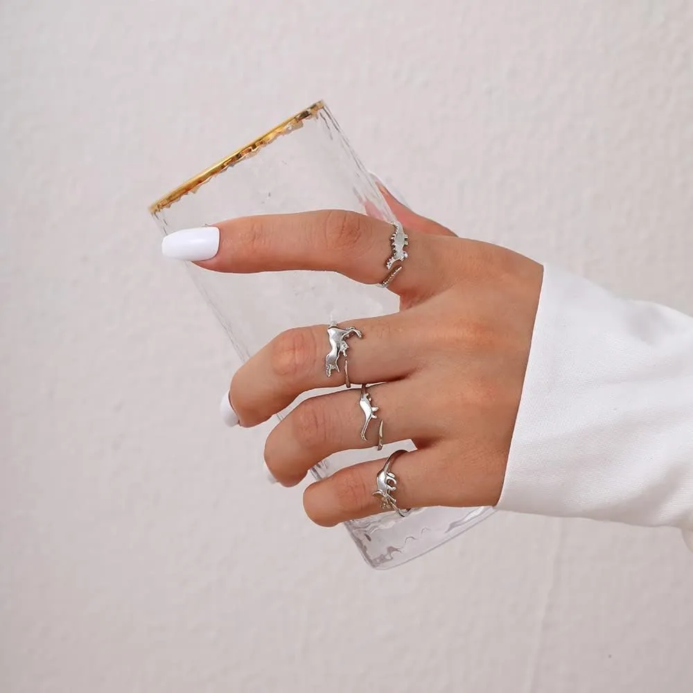 Matching Hollow Dinosaur Couple Open Rings Set,4Pcs Animal Dinosaur Knuckle Stackable Finger Rings Band Sets for Him Her Wedding Jewelry