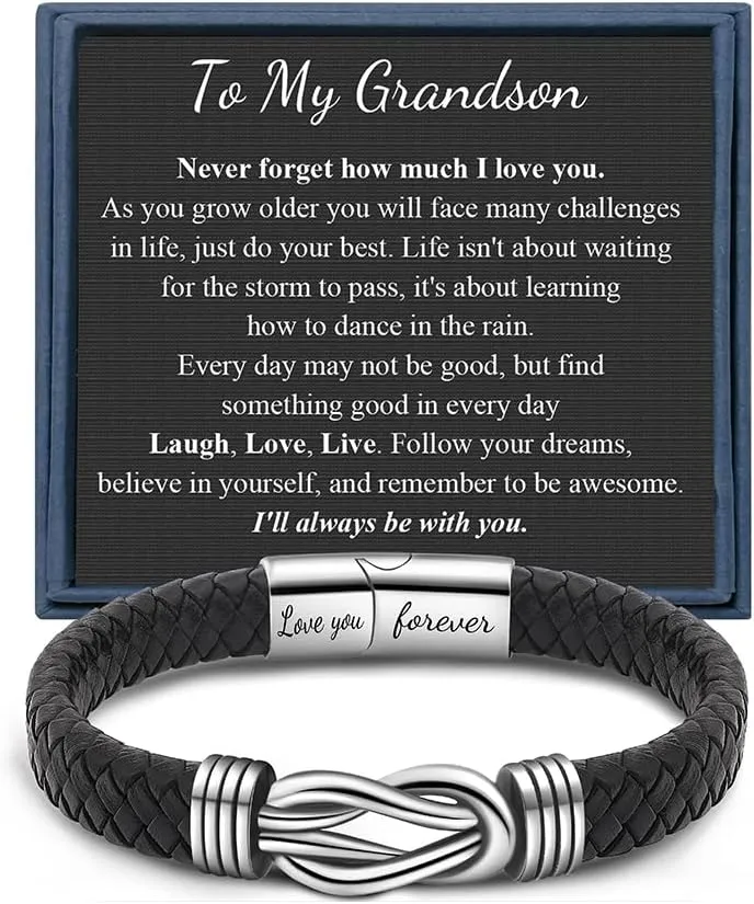 Memgift Knot Bracelets Gifts for Man Christmas Valentines day Gifts Black Braided Leather Infinity Bracelets Lettering Love You Forever Gifts for Son Grandson Husband Boyfriend Brother Man