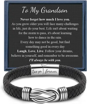 Memgift Knot Bracelets Gifts for Man Christmas Valentines day Gifts Black Braided Leather Infinity Bracelets Lettering Love You Forever Gifts for Son Grandson Husband Boyfriend Brother Man
