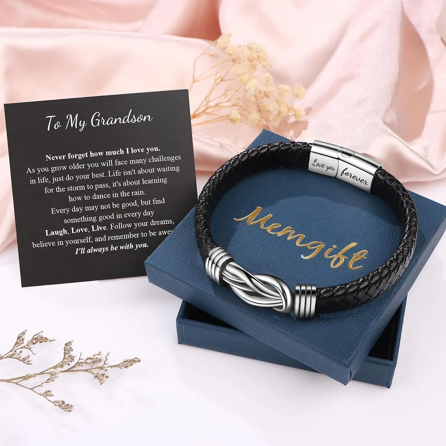 Memgift Knot Bracelets Gifts for Man Christmas Valentines day Gifts Black Braided Leather Infinity Bracelets Lettering Love You Forever Gifts for Son Grandson Husband Boyfriend Brother Man
