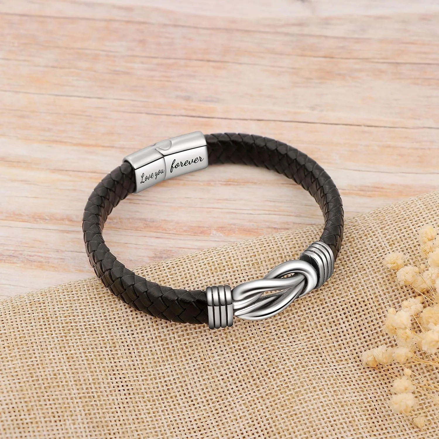 Memgift Knot Bracelets Gifts for Man Christmas Valentines day Gifts Black Braided Leather Infinity Bracelets Lettering Love You Forever Gifts for Son Grandson Husband Boyfriend Brother Man