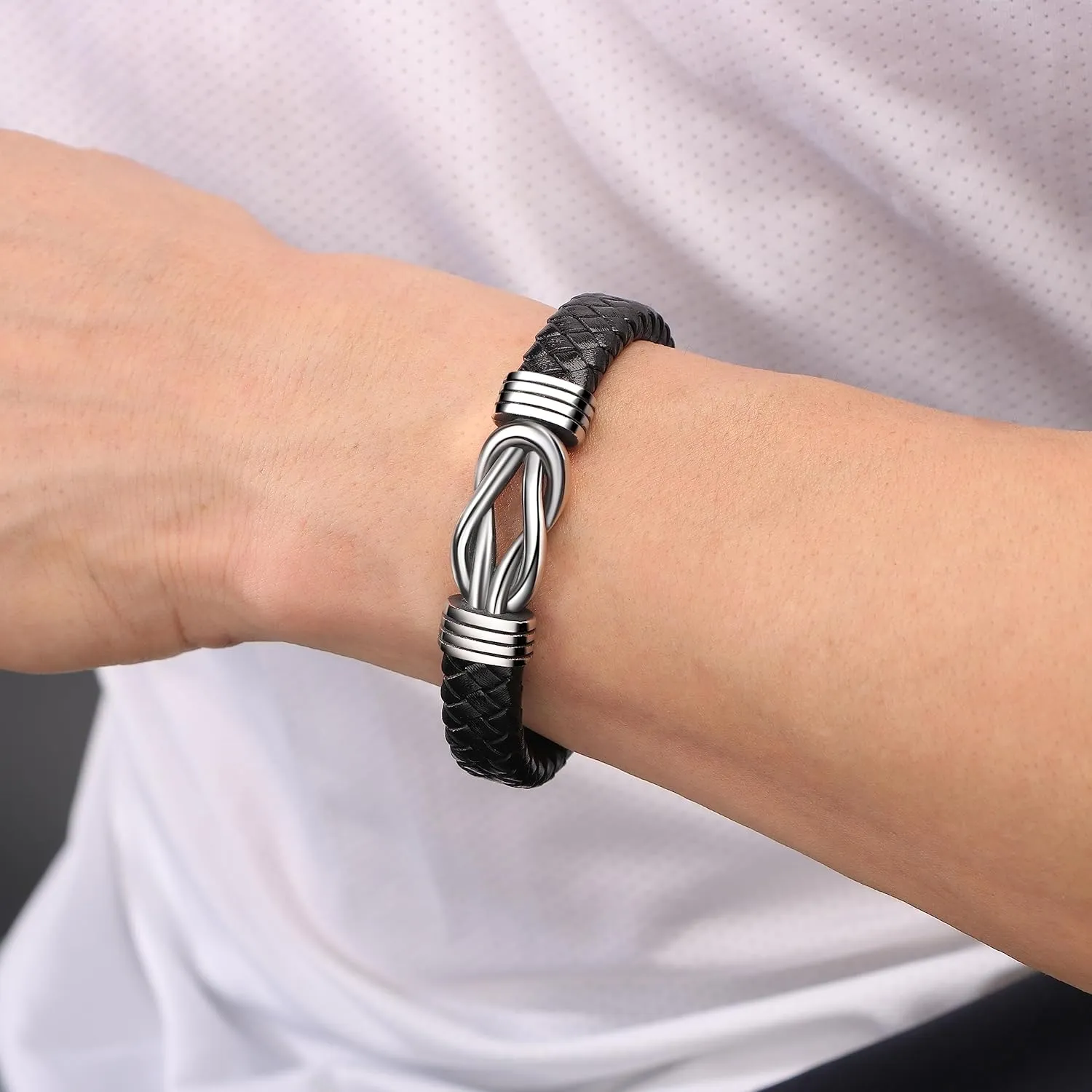 Memgift Knot Bracelets Gifts for Man Christmas Valentines day Gifts Black Braided Leather Infinity Bracelets Lettering Love You Forever Gifts for Son Grandson Husband Boyfriend Brother Man